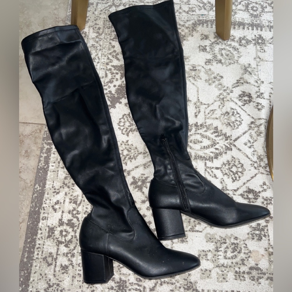 Above knee faux high leather thick heel Boots
